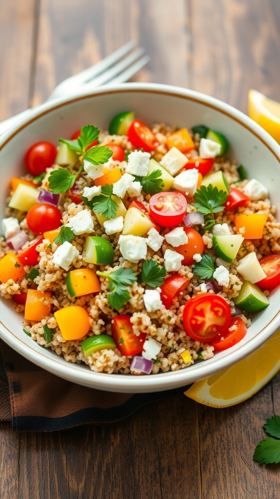 A healthy quinoa salad with fresh vegetables and feta cheese in a bowl on a wooden table.